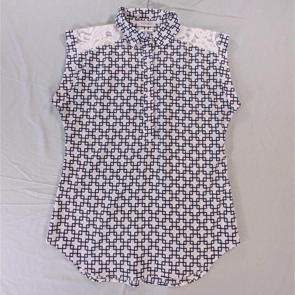 Van Heusen Women's Sz XXS Sleeveless Button Up Blouse Black White Geom Collared